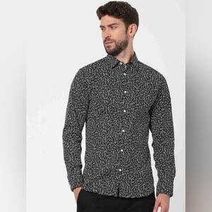 Selected Homme Black Printed Button Up Shirt Mens EU XXL 18 Regular Fit Office